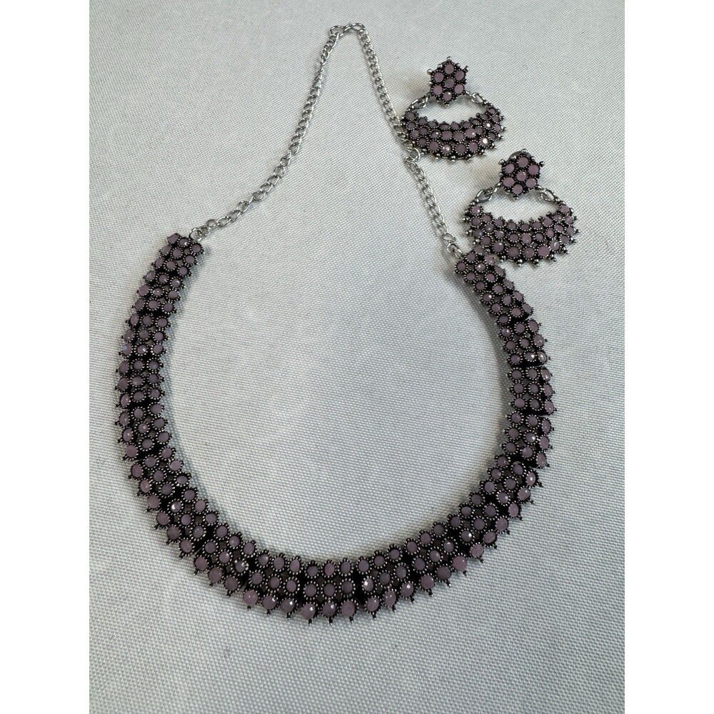 Indian Ethnic Oxidized Silver Choker Necklace Crescent Drop Earrings Set Lilac
